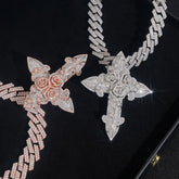 GL Iced Out Hip Hop Gothic Rose Cross Moissanite Diamond Pendant